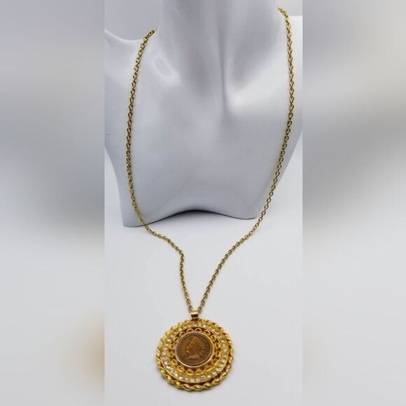 1906 Indian head authentic coin crystal encrusted necklace rare and unique jewel - Picture 3 of 3
